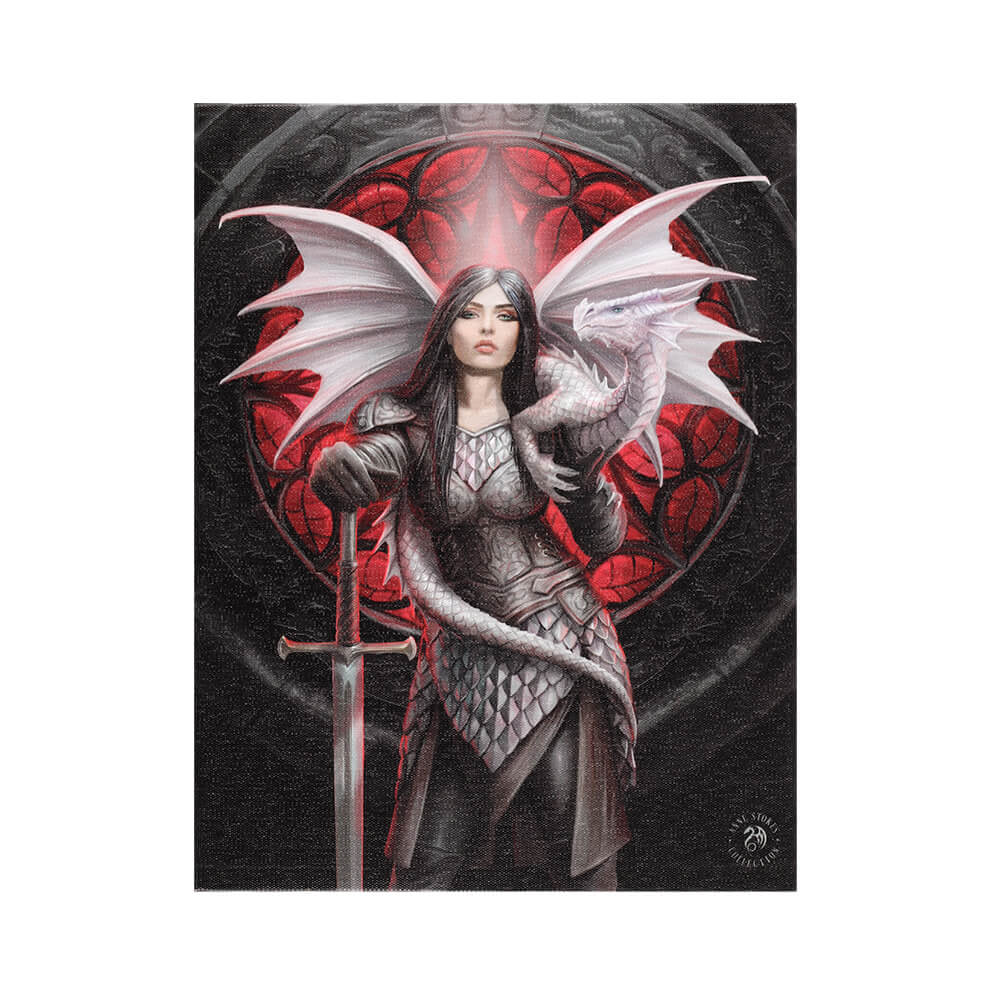 Something Different Targa In Tela "Valour" Di Anne Stokes - Fantasy Con Guerriera E Drago, 25x19 Cm